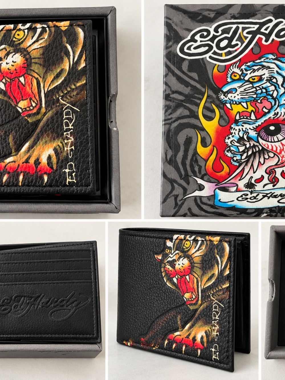 Ed Hardy Black Bi-Fold Wallet with Red, Yellow and Orange Tiger Graphic